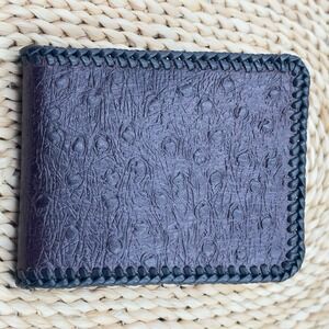 Genuine Ostrich Skin Leather Bifold Men's Handmade Burgundy Black‎ Trim